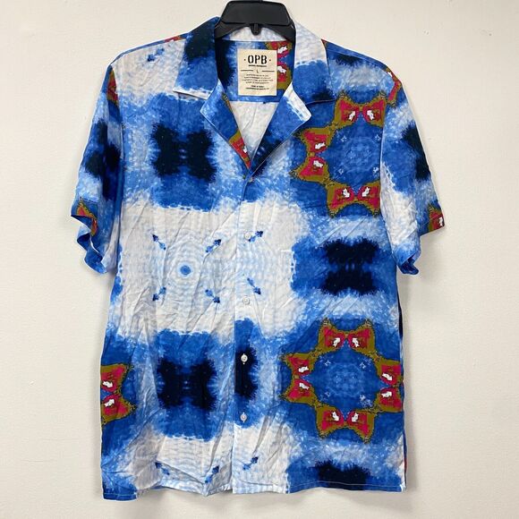 OPB Original Paperbacks Shirt Mens L Blue Button Up Geometric Rayon - Picture 1 of 7